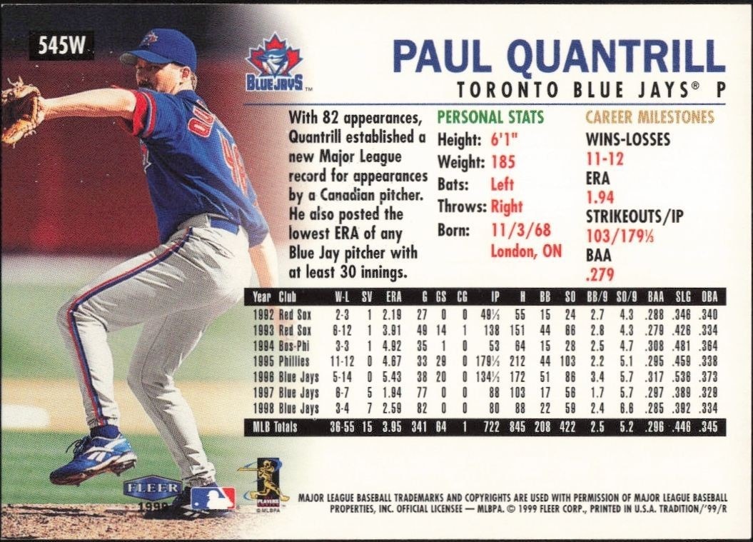 1999 Fleer Paul Quantrill #545W baseball trading card back
