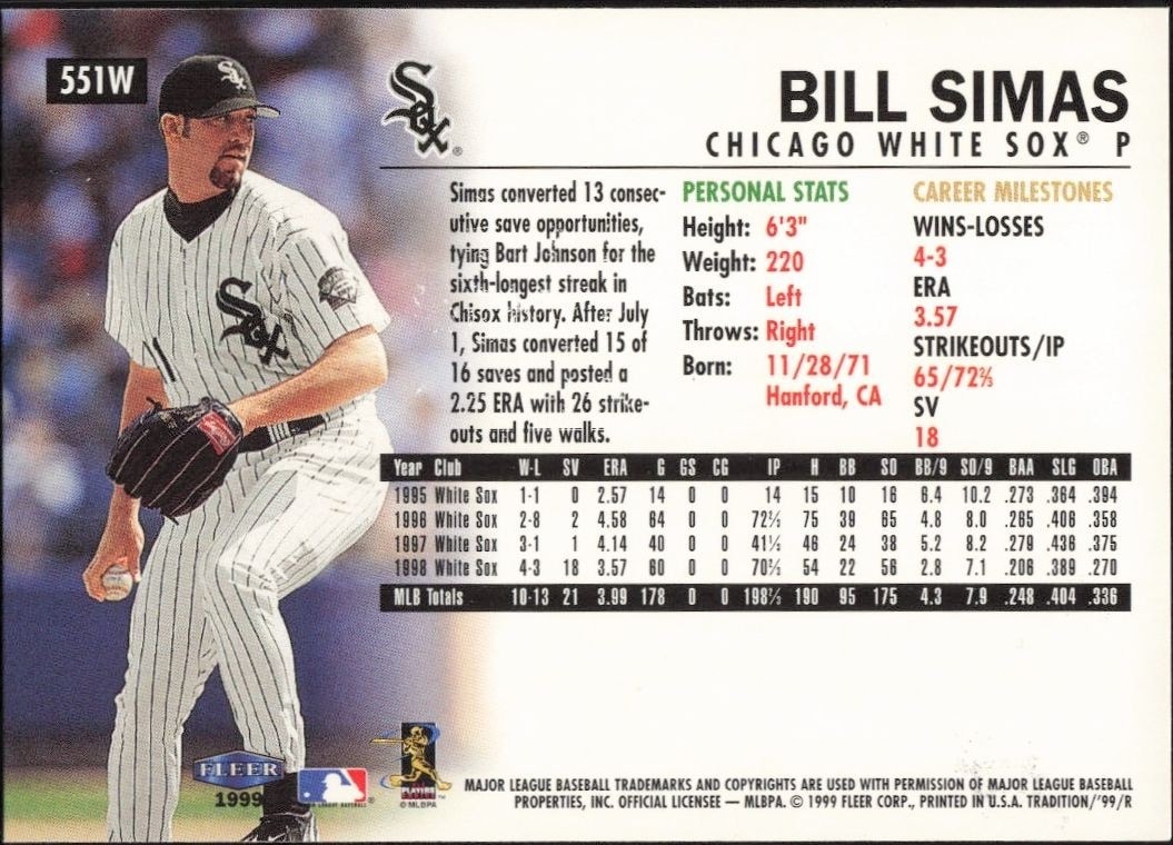 1999 Fleer Bill Simas #551W baseball trading card back