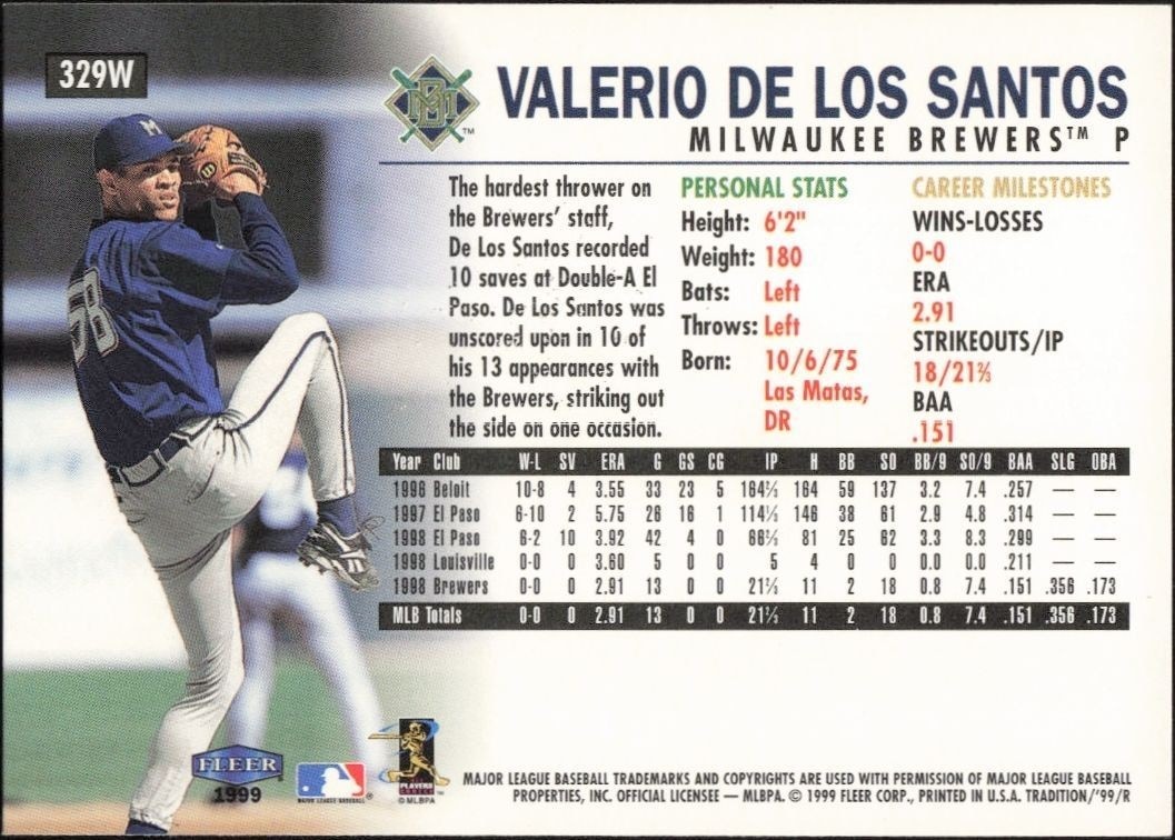 1999 Fleer Valerio De Los Santos #329W baseball trading card back