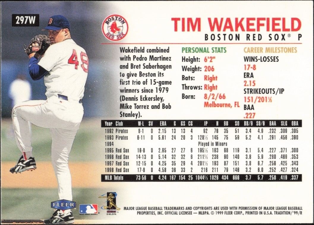 1999 Fleer Tim Wakefield #297W baseball trading card back