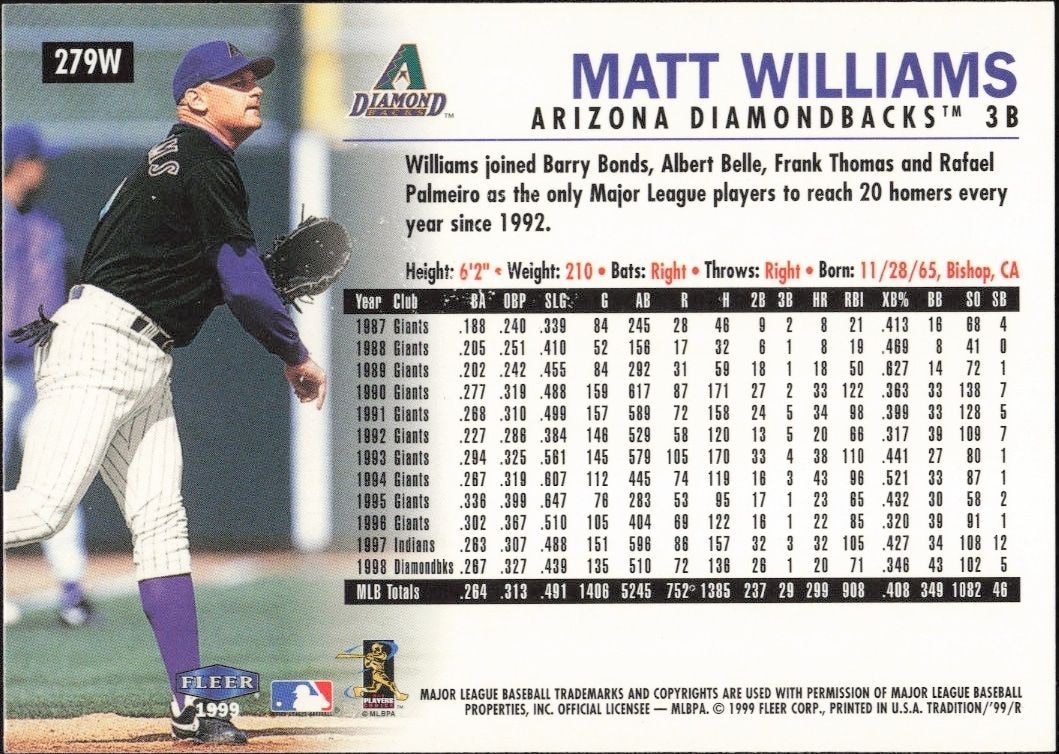 1999 Fleer Matt Williams #279W baseball trading card back