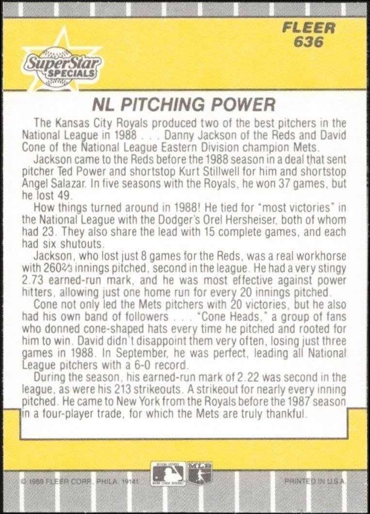 1989 Fleer Danny Jackson / David Cone #636 baseball trading card back