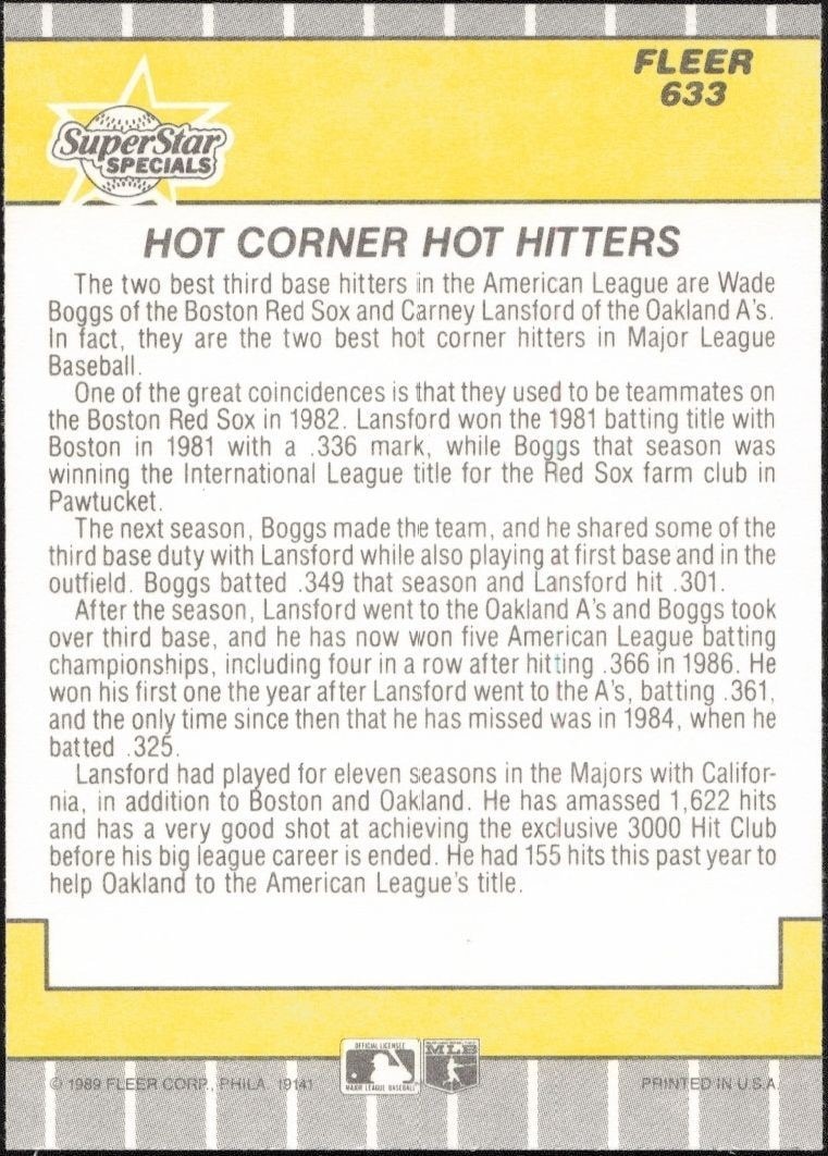 1989 Fleer Wade Boggs #633 baseball trading card back
