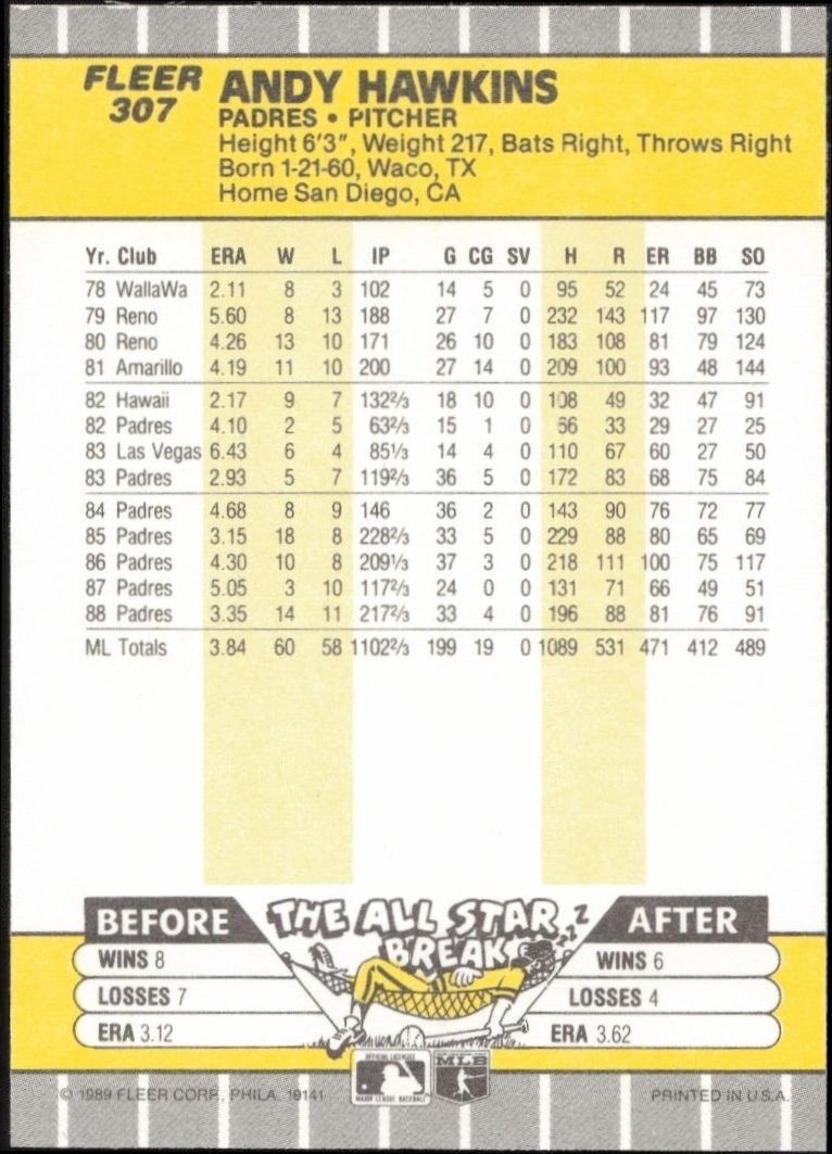 1989 Fleer Andy Hawkins #307 baseball trading card back