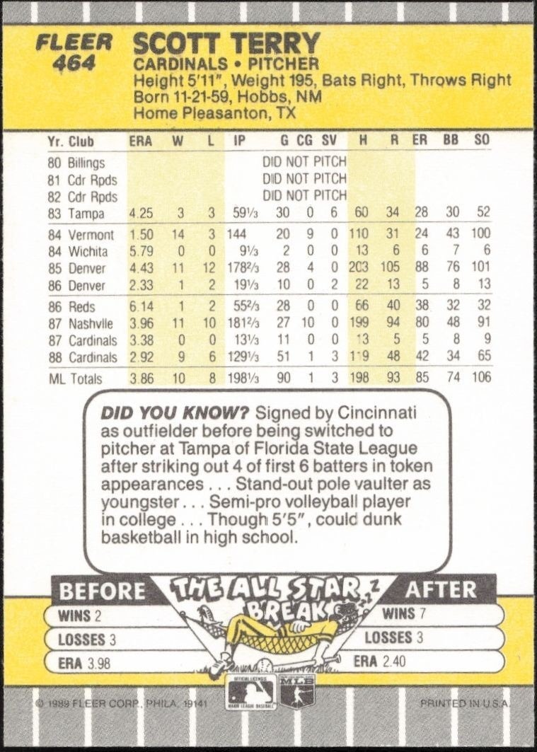 1989 Fleer Scott Terry #464 baseball trading card back