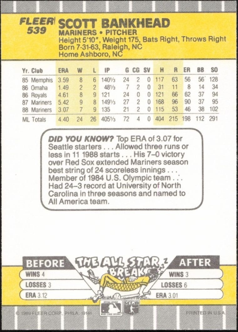 1989 Fleer Scott Bankhead #539 baseball trading card back