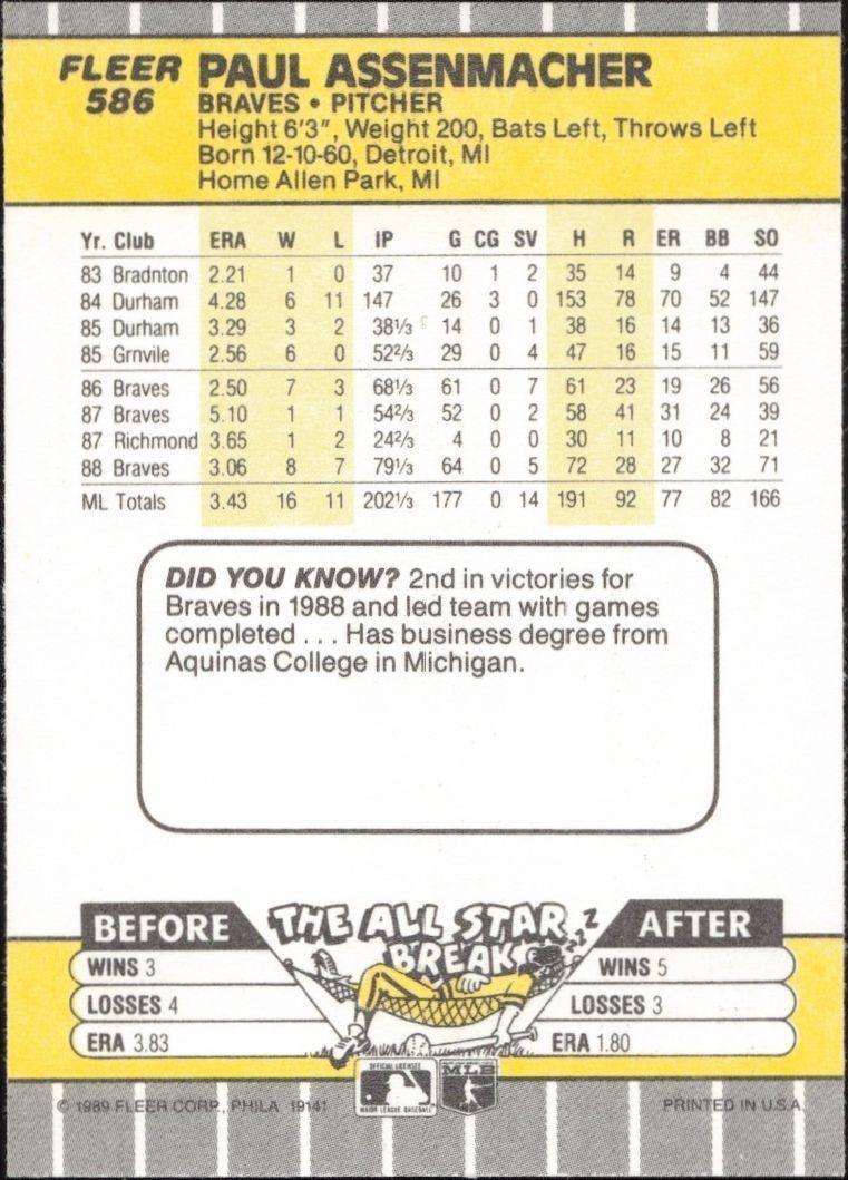 1989 Fleer Paul Assenmacher #586 baseball trading card back