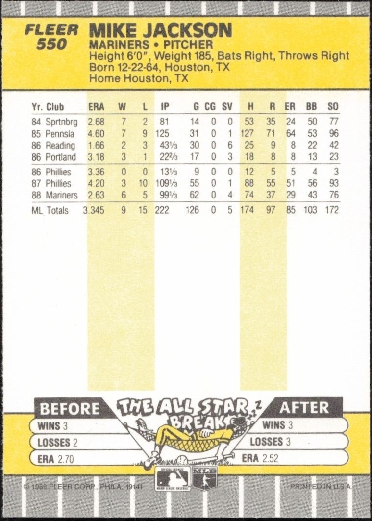 1989 Fleer Mike Jackson #550 baseball trading card back