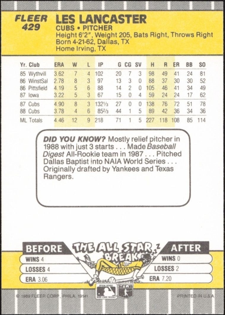 1989 Fleer Les Lancaster #429 baseball trading card back