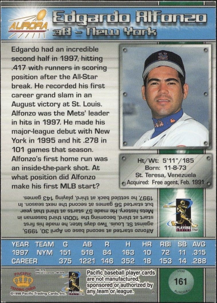 1998 Pacific Aurora Edgardo Alfonzo #161 baseball trading card back