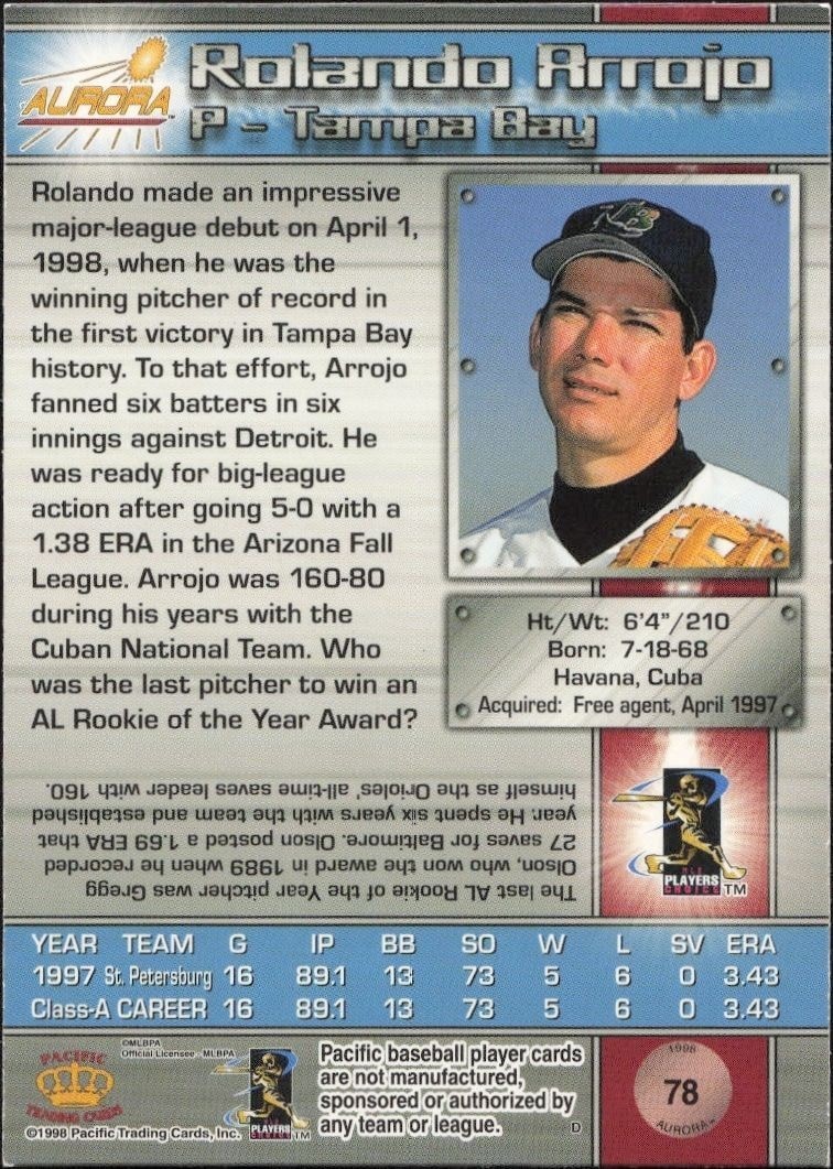 1998 Pacific Aurora Rolando Arrojo #78 baseball trading card back