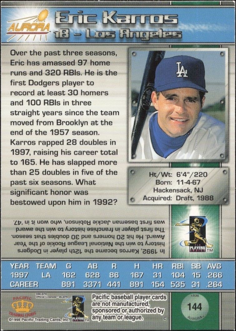 1998 Pacific Aurora Eric Karros #144 baseball trading card back