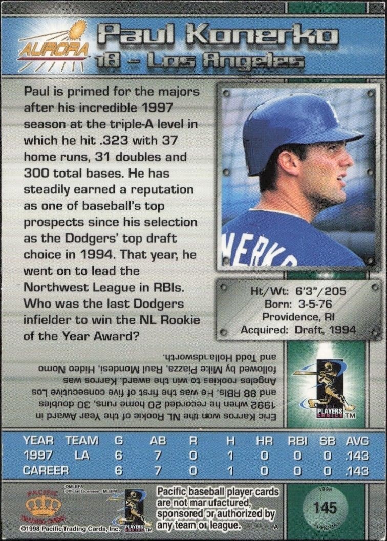 1998 Pacific Aurora Paul Konerko #145 baseball trading card back