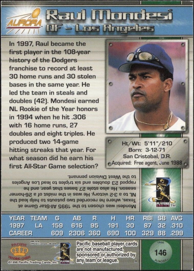 1998 Pacific Aurora Raul Mondesi #146 baseball trading card back