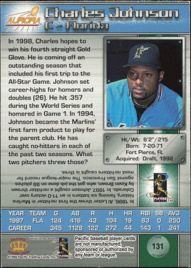 1998 Pacific Aurora Charles Johnson #131 baseball trading card back