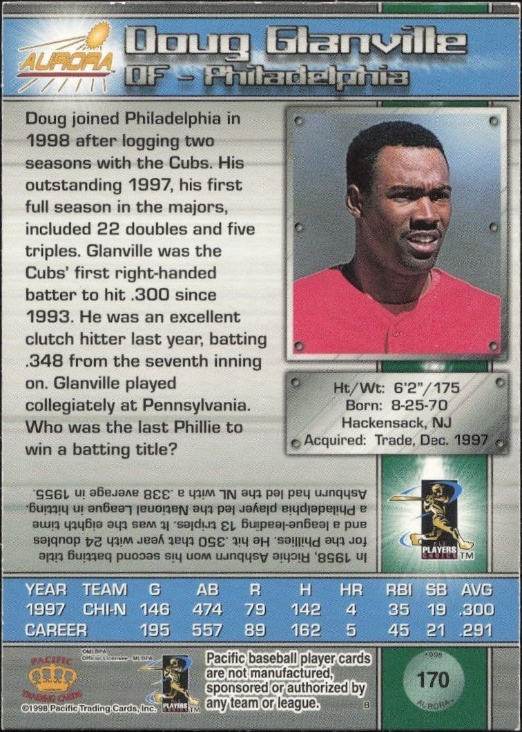 1998 Pacific Aurora Doug Glanville #170 baseball trading card back