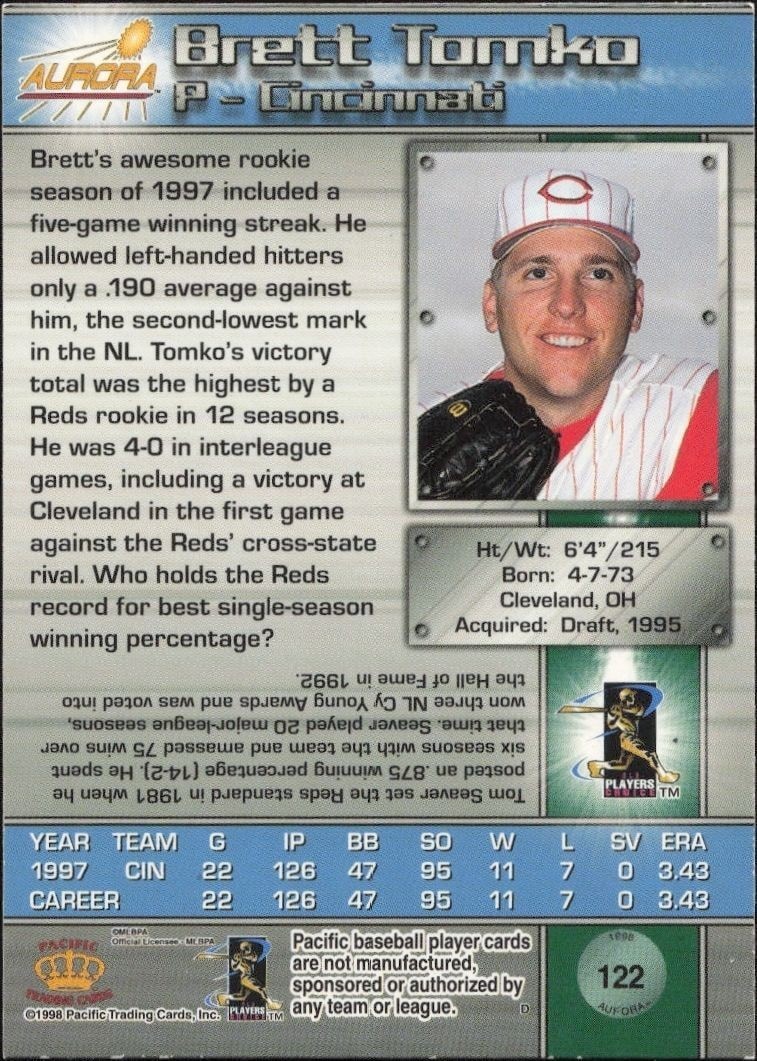 1998 Pacific Aurora Brett Tomko #122 baseball trading card back