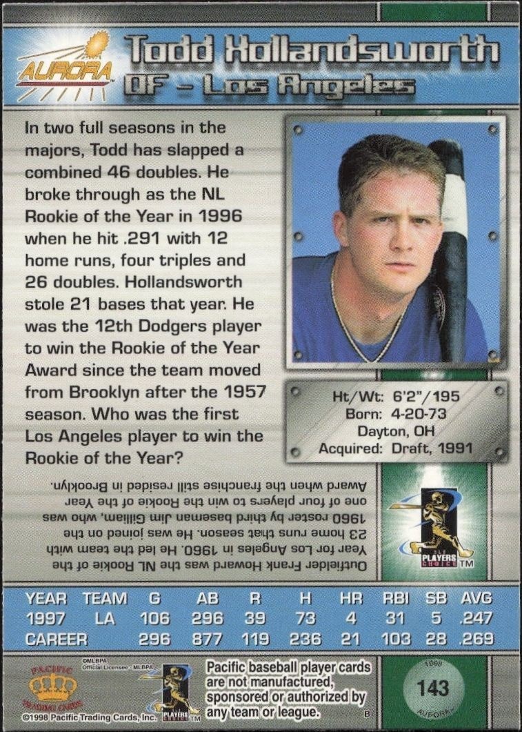 1998 Pacific Aurora Todd Hollandsworth #143 baseball trading card back