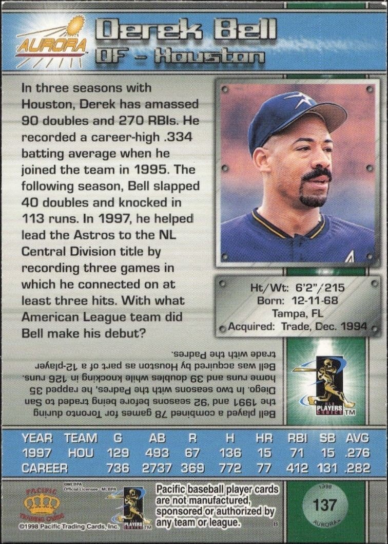 1998 Pacific Aurora Derek Bell #137 baseball trading card back