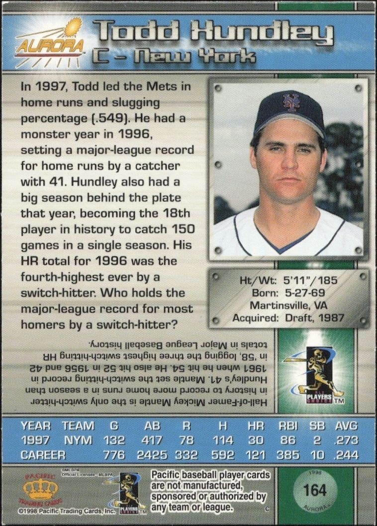 1998 Pacific Aurora Todd Hundley #164 baseball trading card back