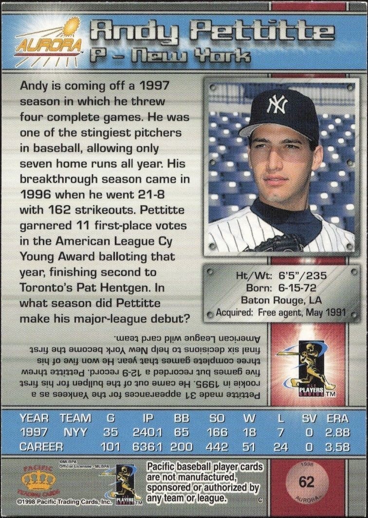 1998 Pacific Aurora Andy Pettitte #62 baseball trading card back