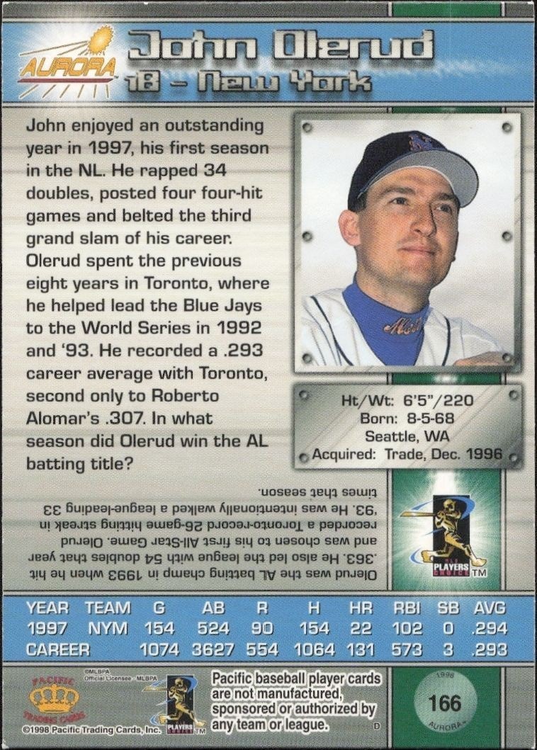 1998 Pacific Aurora John Olerud #166 baseball trading card back