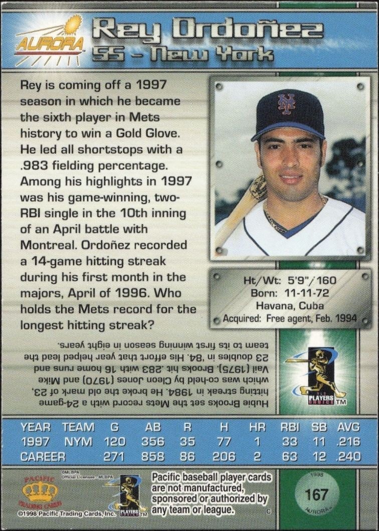 1998 Pacific Aurora Rey Ordonez #167 baseball trading card back