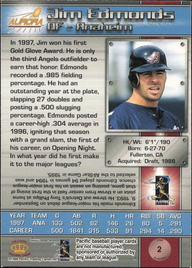 1998 Pacific Aurora Jim Edmonds #2 baseball trading card back