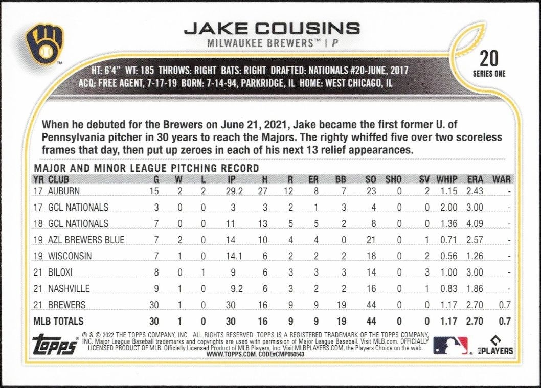 2022 Topps Jake Cousins #20 baseball trading card back