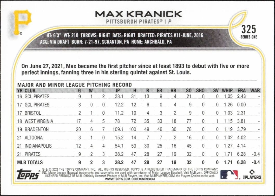 2022 Topps Max Kranick #325 baseball trading card back
