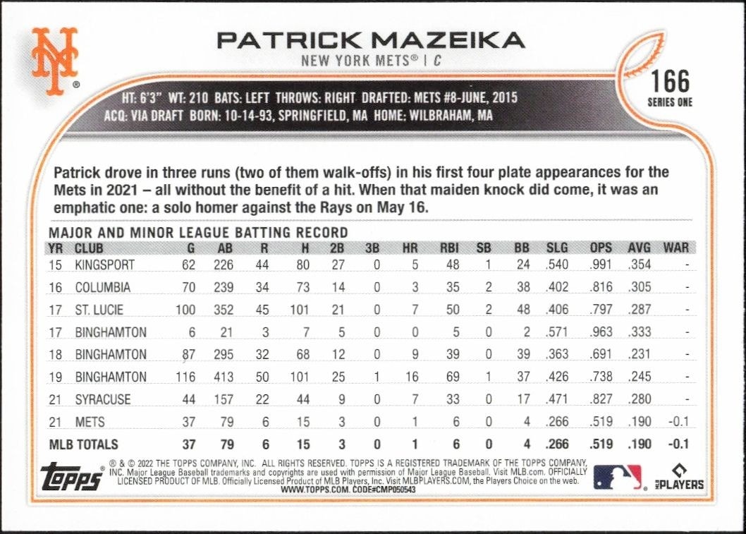 2022 Topps Patrick Mazeika #166 baseball trading card back