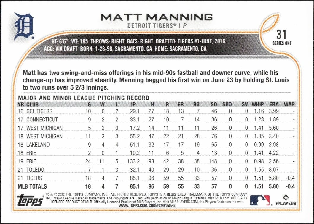 2022 Topps Matt Manning #31 baseball trading card back