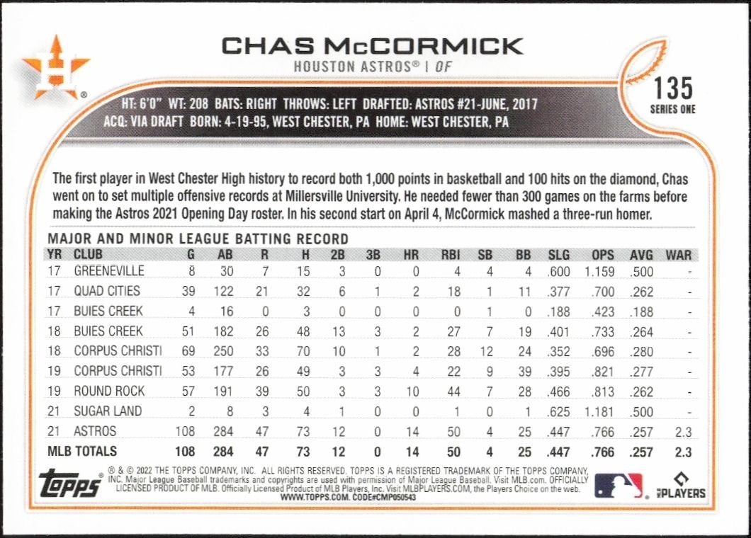 2022 Topps Chas McCormick #135 baseball trading card back
