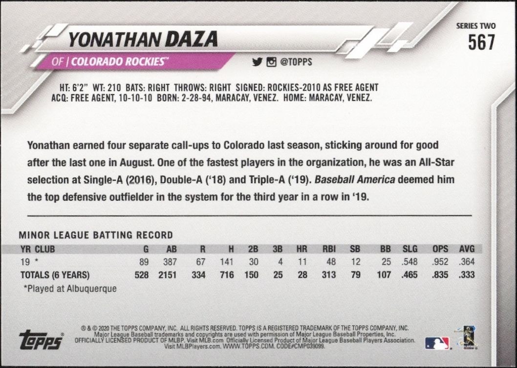 2020 Topps Series 2 Yonathan Daza #567 baseball trading card back