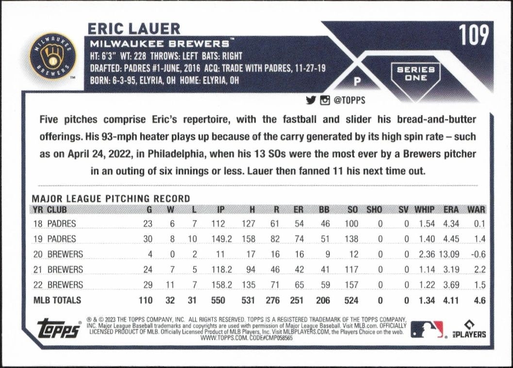 2023 Topps Eric Lauer #109 baseball trading card back