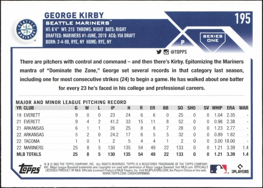 2023 Topps George Kirby #195 baseball trading card back