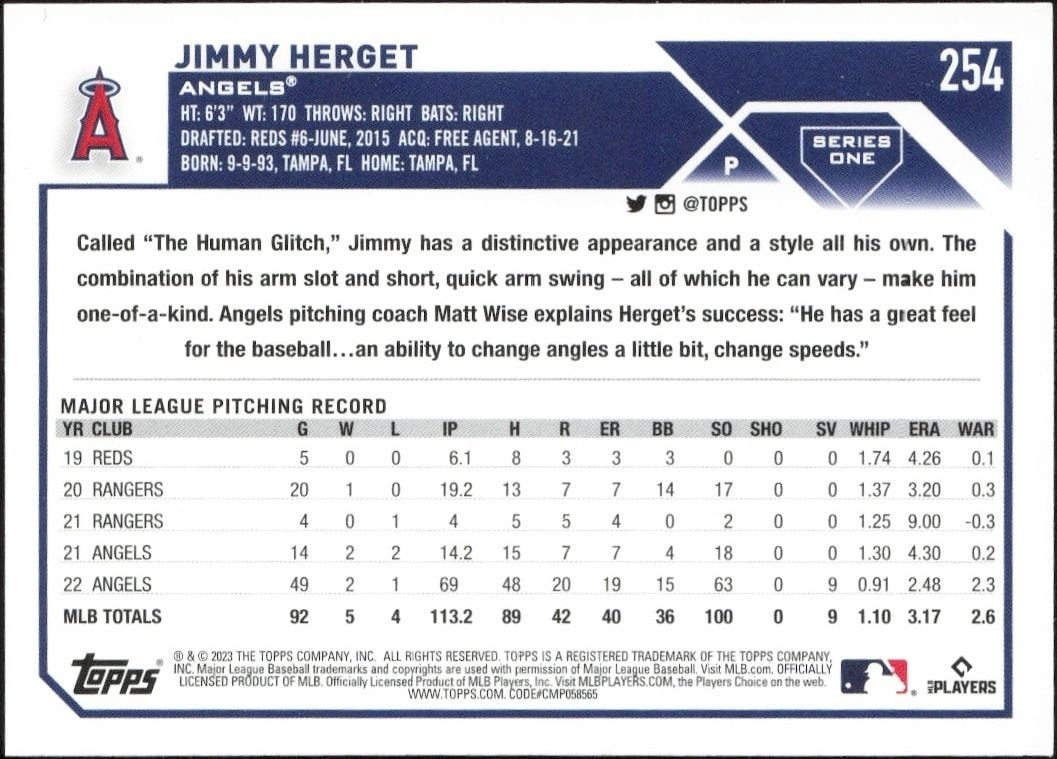 2023 Topps Jimmy Herget #254 baseball trading card back