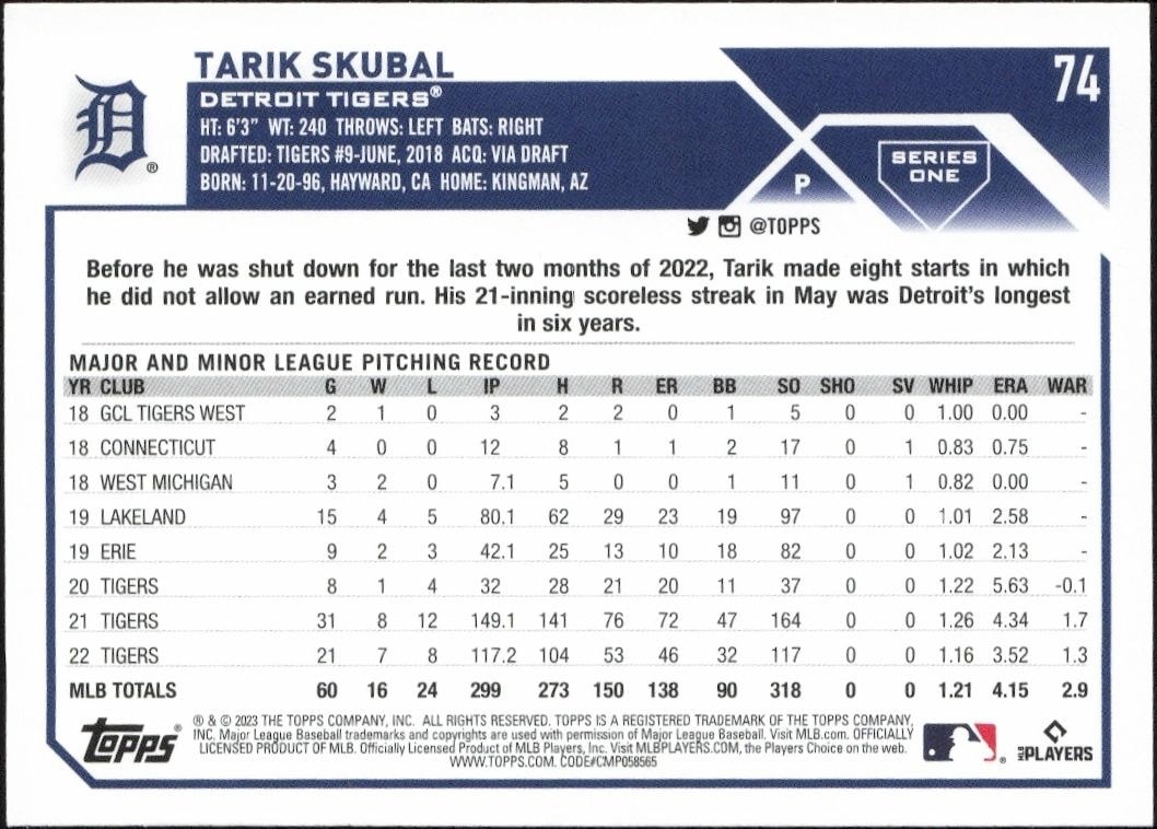 2023 Topps Tarik Skubal #74 baseball trading card back