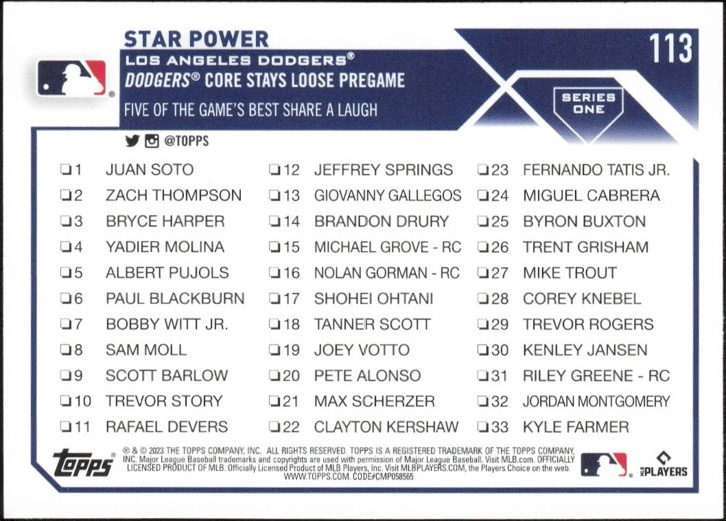 2023 Topps Star Power Checklist #113 baseball trading card back