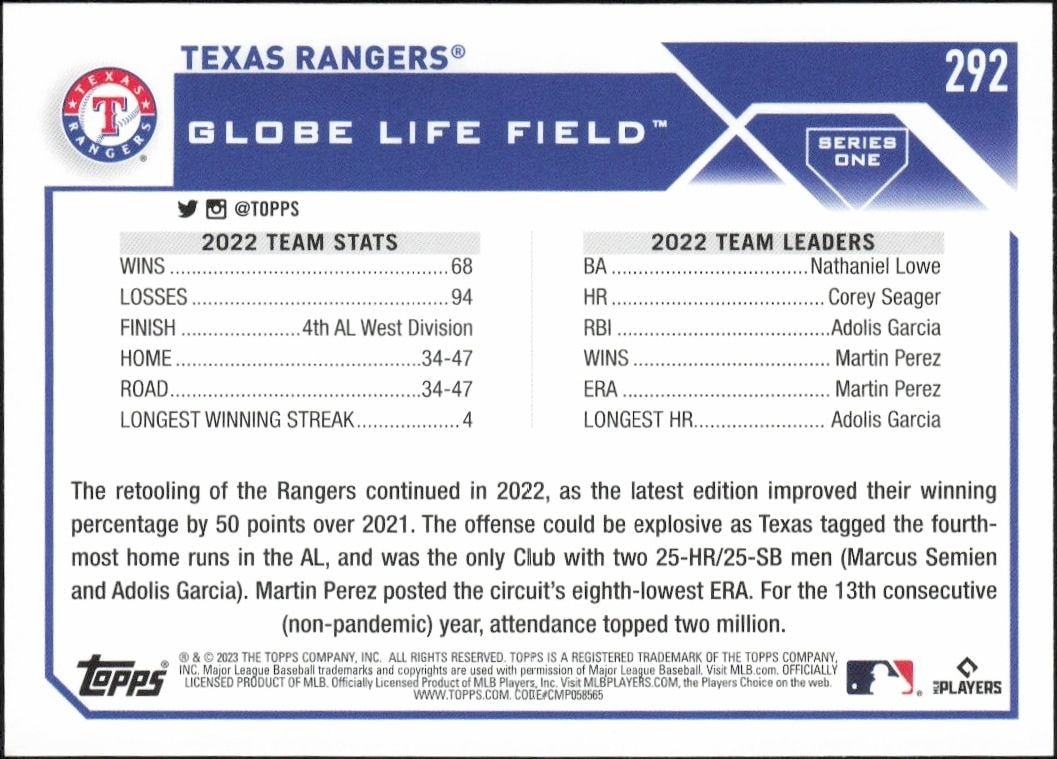 2023 Topps Texas Rangers #292 baseball trading card back