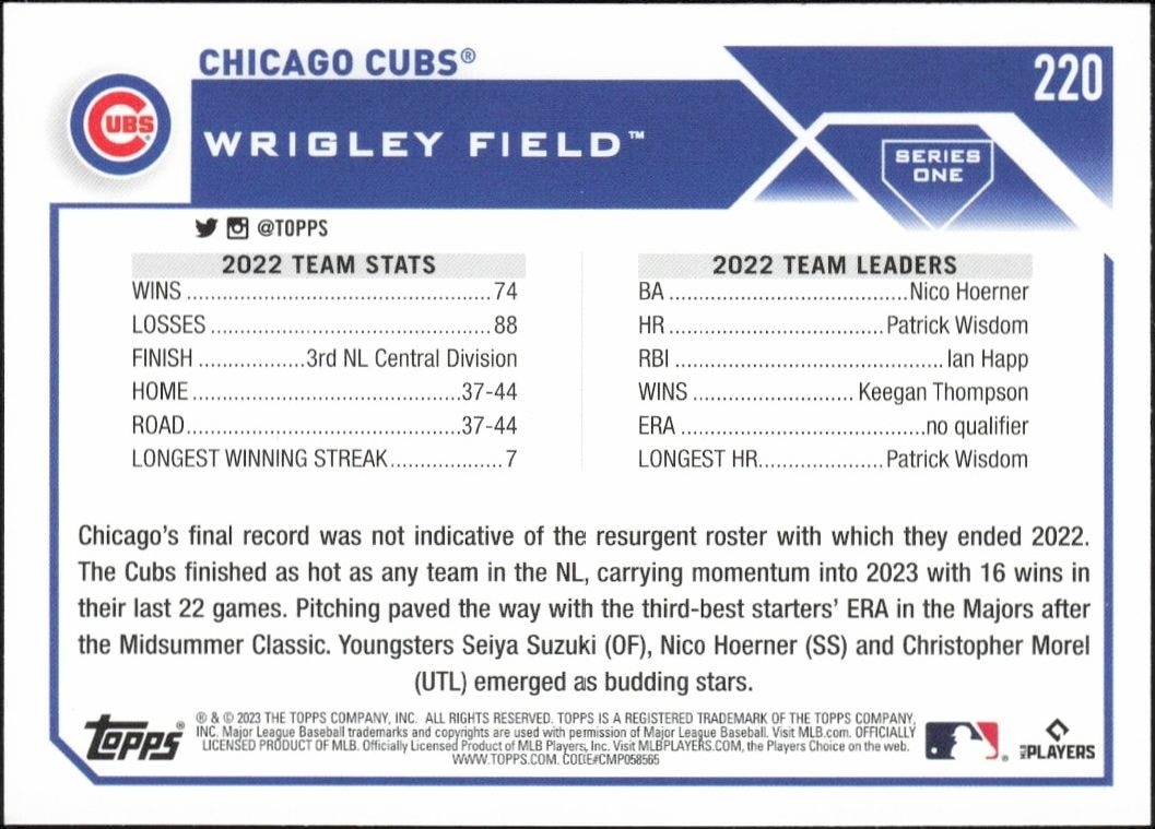2023 Topps Chicago Cubs #220 baseball trading card back