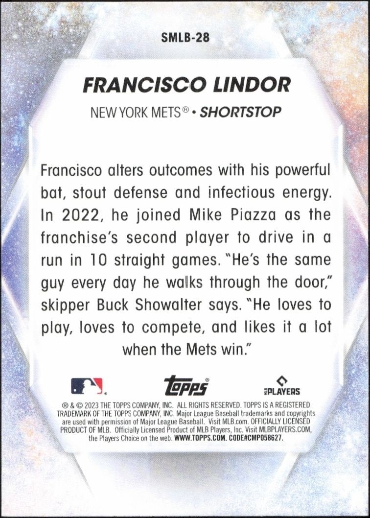 2023 Topps Francisco Lindor #SMLB-28 baseball trading card back
