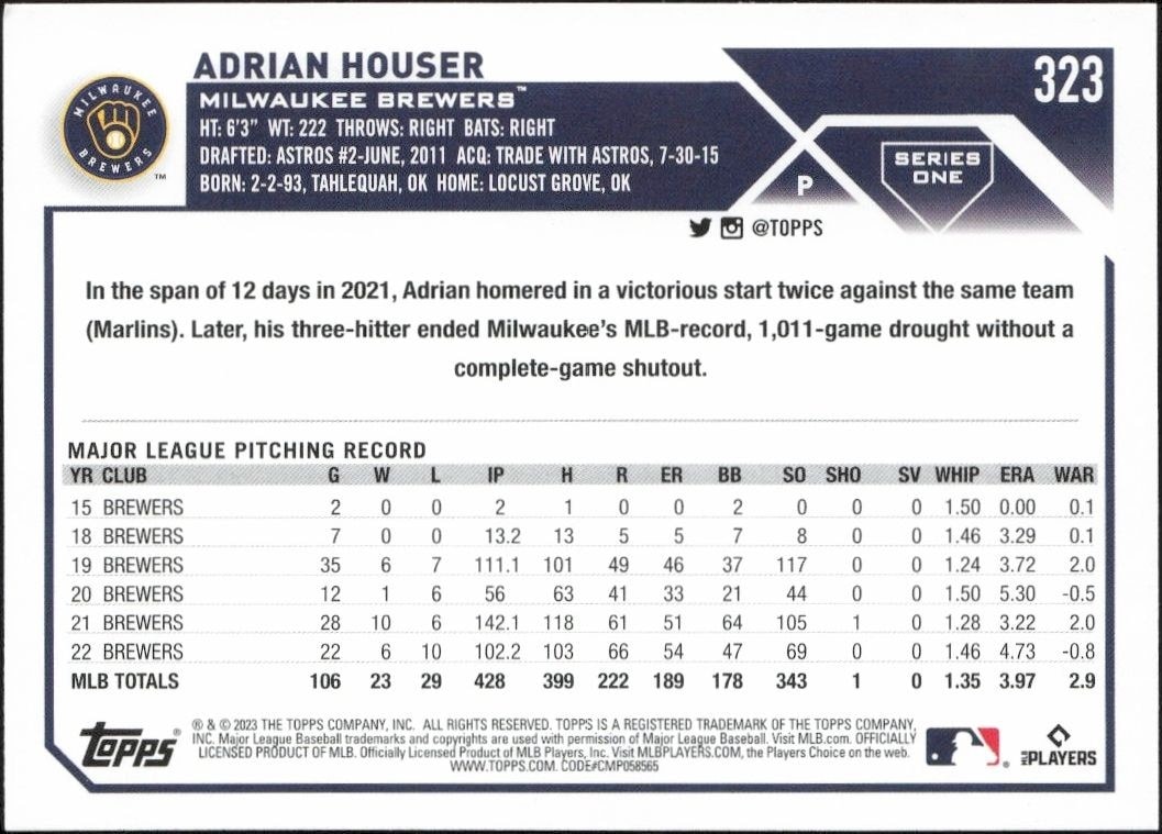 2023 Topps Adrian Houser #323 baseball trading card back