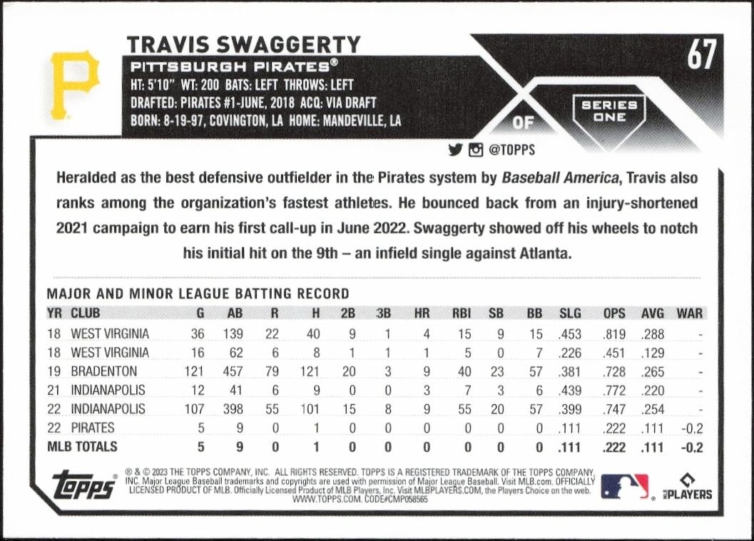 2023 Topps Travis Swaggerty #67 baseball trading card back