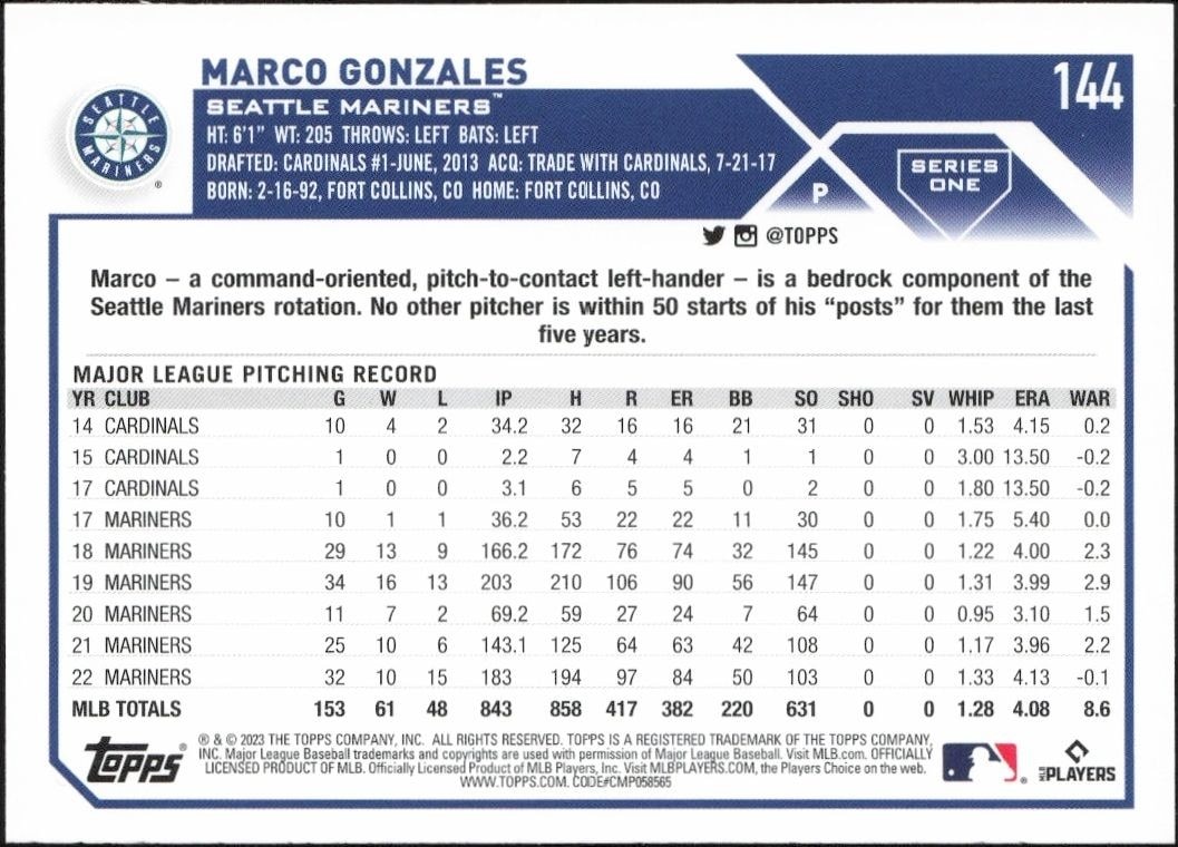 2023 Topps Marco Gonzales #144 baseball trading card back