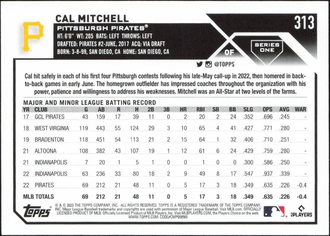 2023 Topps Cal Mitchell #313 baseball trading card back