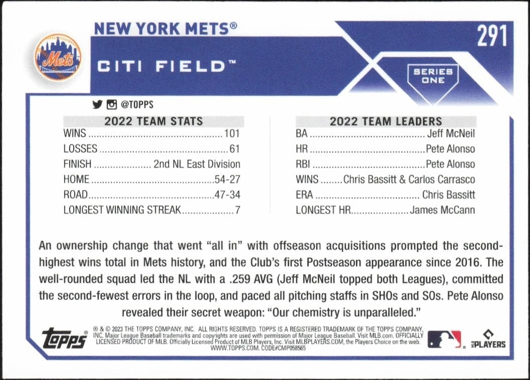 2023 Topps New York Mets #291 baseball trading card back