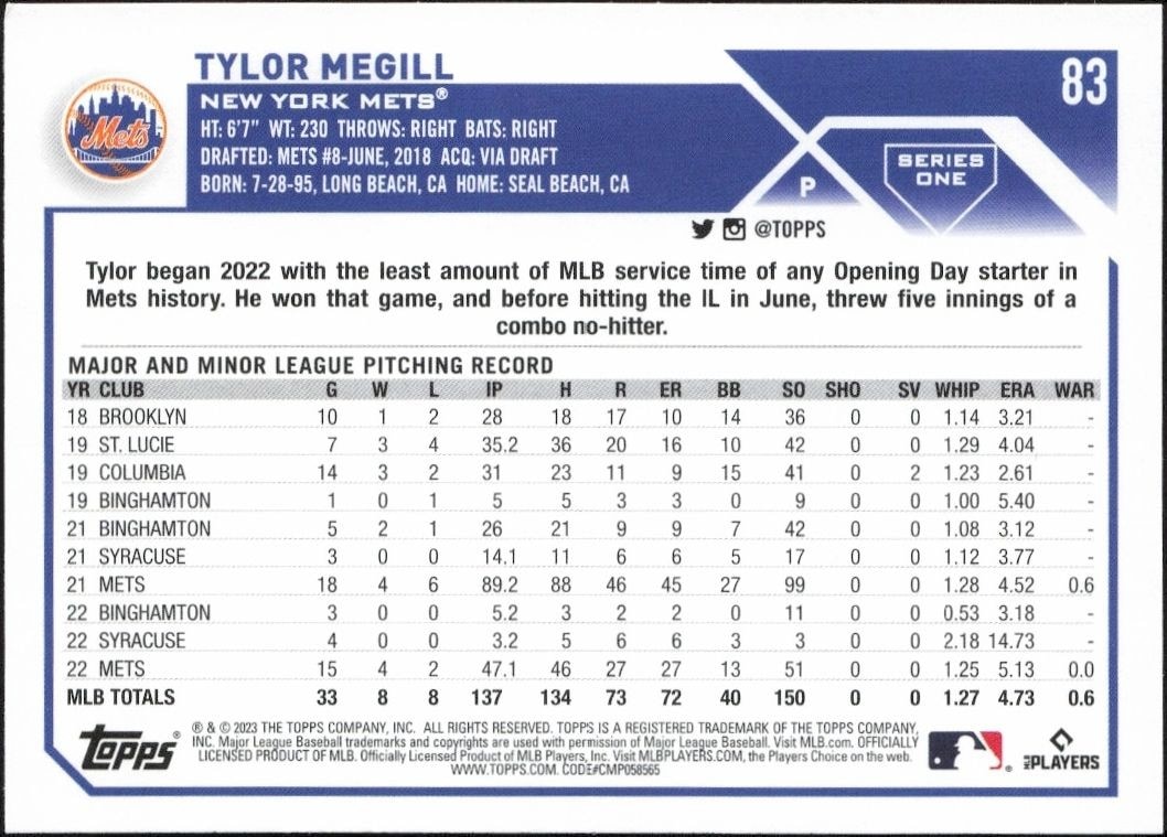 2023 Topps Tylor Megill #83 baseball trading card back