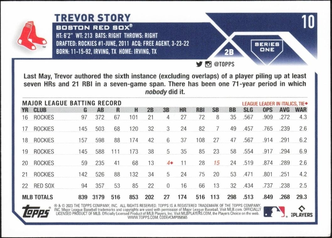 2023 Topps Trevor Story #10 baseball trading card back