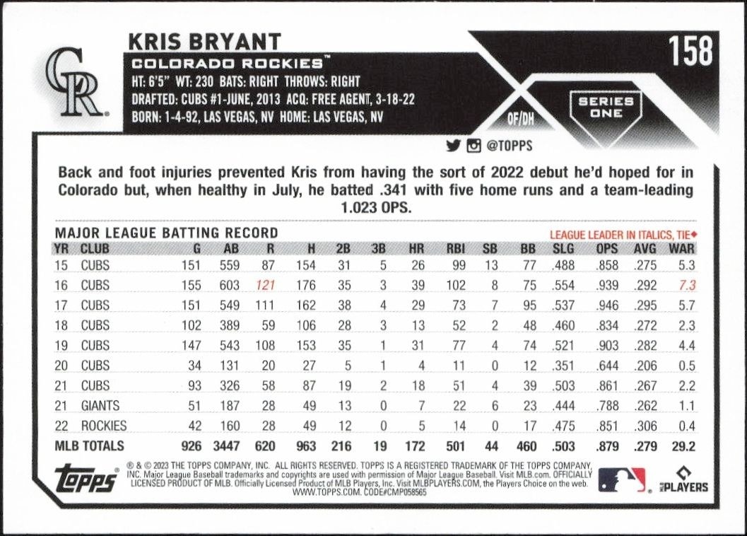 2023 Topps Kris Bryant #158 baseball trading card back